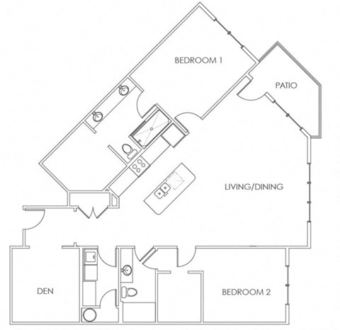 Floor plan for 2 beds, 2 baths, 1591 sqft